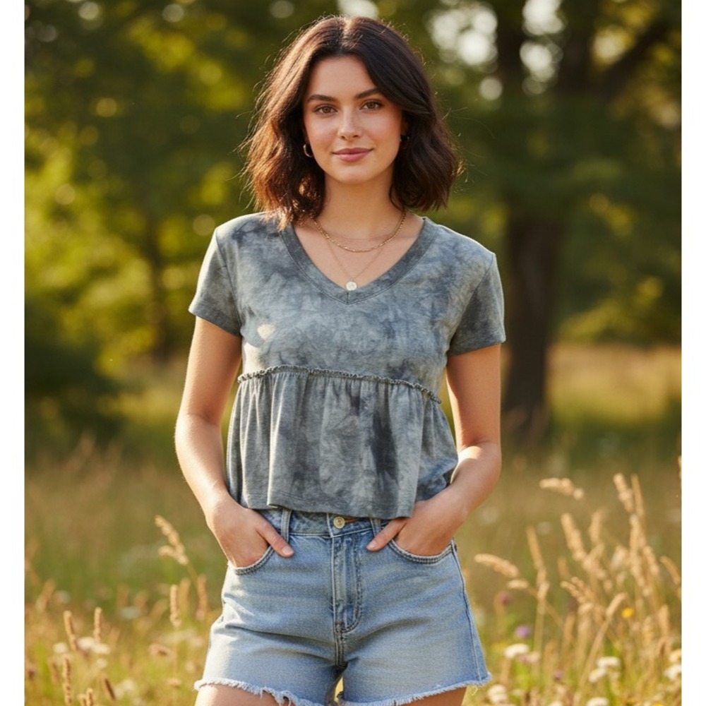 NEW So Gray S Top Tie Dye Peplum Tee Flowy Boho Babydoll Cottage Fairy Grunge